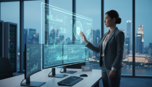 A modern corporate office focused on information management security, featuring a professional-looking businesswoman in a sleek suit, analyzing digital data on a transparent touchscreen interface. In the foreground, the touchscreen glows with graphs and security metrics, symbolizing data integrity and security management. The middle ground showcases a high-tech workspace with advanced computer systems, emphasizing a commitment to ISO standards. The background includes large windows revealing a skyline of Singapore, with soft blue and white light filtering through, creating a serene atmosphere. The overall mood conveys professionalism, security, and reliability, with a photorealistic finish and a slight depth of field to highlight the subject.