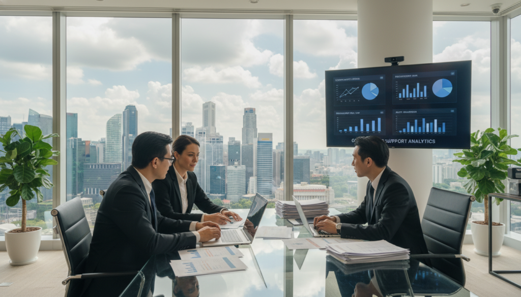 A modern corporate office interior focused on regulatory accounting and corporate compliance. In the foreground, a diverse group of three professionals in business attire—two men and one woman—are engaged in discussion around a sleek glass table with financial documents and laptops. In the middle, a large digital screen displays graphs and compliance metrics, emphasizing the theme of governance support. The background features a cityscape view of Singapore with skyscrapers, symbolizing a dynamic business environment. Soft, natural lighting floods the room through floor-to-ceiling windows, creating a welcoming atmosphere. The overall mood is professional and focused, highlighting teamwork and strategic planning in the context of international business compliance.