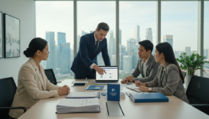 A modern corporate scene depicting a professional banker setting up a corporate bank account for an international business. In the foreground, a well-dressed banker in a tailored suit is attentively consulting with a diverse group of entrepreneurs, all clad in smart business attire. On the table, there are financial documents, a laptop displaying banking software, and various banking brochures. In the middle ground, a sleek office with large windows showcases a city skyline of Singapore, filled with modern skyscrapers. The lighting is soft yet bright, creating a welcoming and productive atmosphere. The angle is slightly overhead to capture the discussion and the surroundings effectively. The overall mood is focused and professional, emphasizing collaboration and the importance of financial setups in business.