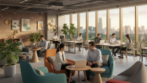 A modern coworking space in Singapore, showcasing a vibrant lounge area filled with diverse professionals collaborating. In the foreground, a group of three individuals in professional attire—a woman in a tailored blazer, a man in a crisp shirt, and another individual in smart casual wear—are engaged in a discussion over a laptop, surrounded by open seating arrangements with stylish furniture. The middle ground features various workstations, plants, and art deco decorations, enhancing the ambiance. The background reveals large windows letting in warm, natural light, framing a cityscape view. The atmosphere feels energetic yet focused, embodying a seamless blend of comfort and productivity. Shot from a slightly elevated angle to capture depth, with soft, diffused lighting for a welcoming feel.