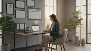 A modern home office setting that embodies the concept of compliance, with a sleek desk featuring organized paperwork and a laptop displaying company registration forms. In the foreground, a professional businesswoman in modest, professional attire is reviewing documents, exuding focus and diligence. The middle layer showcases a wall with framed compliance certificates and a calendar highlighting important dates. In the background, large windows allow natural light to filter in, creating a warm and inviting atmosphere. Soft, neutral colors dominate the space, complemented by indoor plants for a touch of greenery. The scene is well-lit, with a slight tilt-angle perspective to enhance depth and dimension, emphasizing the importance of a compliant home workspace.