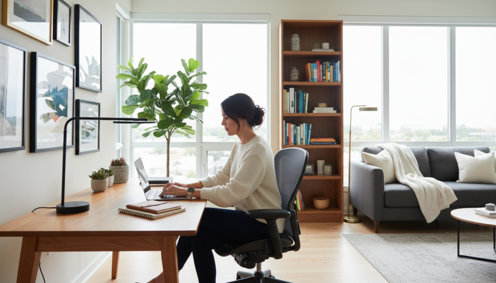 A modern home office setup, showcasing a sleek wooden desk equipped with a laptop, notebooks, and a stylish desk lamp. In the foreground, a professional woman in smart casual attire is focused on her work. The middle ground features a comfortable ergonomic chair and potted plants, creating a blend of productivity and comfort. Behind her, large windows allow soft natural light to flood the room, illuminating a gallery wall with framed art and a bookshelf filled with business literature. The background shows a cozy nook with a plush sofa, adding a homey touch. The overall atmosphere is conducive to work, combining professionalism with a welcoming home environment, captured in photorealistic detail and balanced composition. A modern home office setup, showcasing a sleek wooden desk equipped with a laptop, notebooks, and a stylish desk lamp. In the foreground, a professional woman in smart casual attire is focused on her work. The middle ground features a comfortable ergonomic chair and potted plants, creating a blend of productivity and comfort. Behind her, large windows allow soft natural light to flood the room, illuminating a gallery wall with framed art and a bookshelf filled with business literature. The background shows a cozy nook with a plush sofa, adding a homey touch. The overall atmosphere is conducive to work, combining professionalism with a welcoming home environment, captured in photorealistic detail and balanced composition.