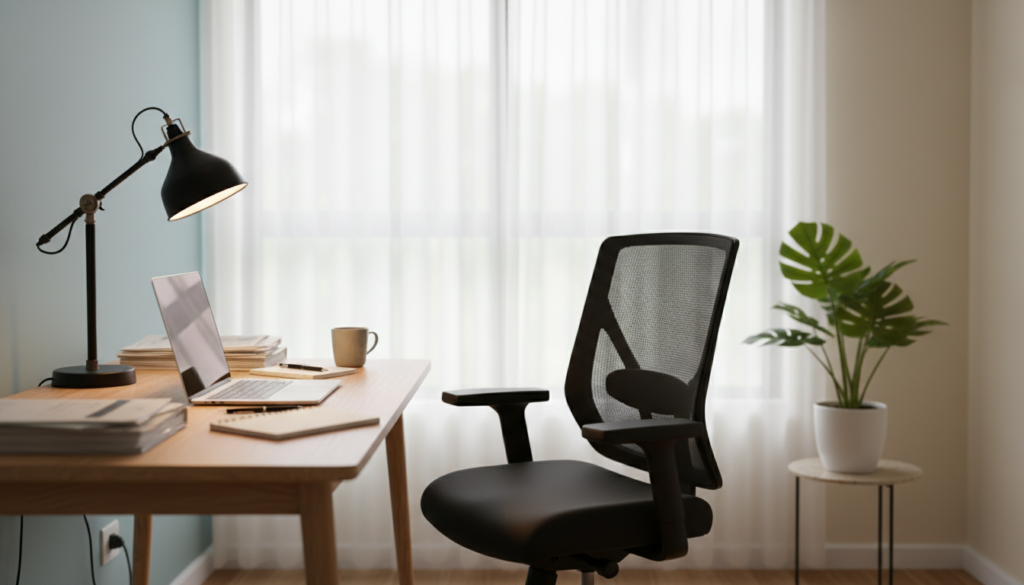 A modern home office setup that embodies the concept of remote work under the Home Office Scheme in Singapore. In the foreground, a sleek wooden desk with a laptop and scattered paperwork, complemented by a minimalistic desk lamp casting warm light. Midground features a comfortable ergonomic chair and a small indoor plant, adding a touch of greenery. The background showcases a bright window with sheer curtains allowing natural light to fill the room, illuminating the soft color palette of the walls. The atmosphere is calm and productive, evoking a sense of focus and organization. The image has a photorealistic style, with soft shadows and a depth of field effect to enhance the office setting. No human subjects are present.