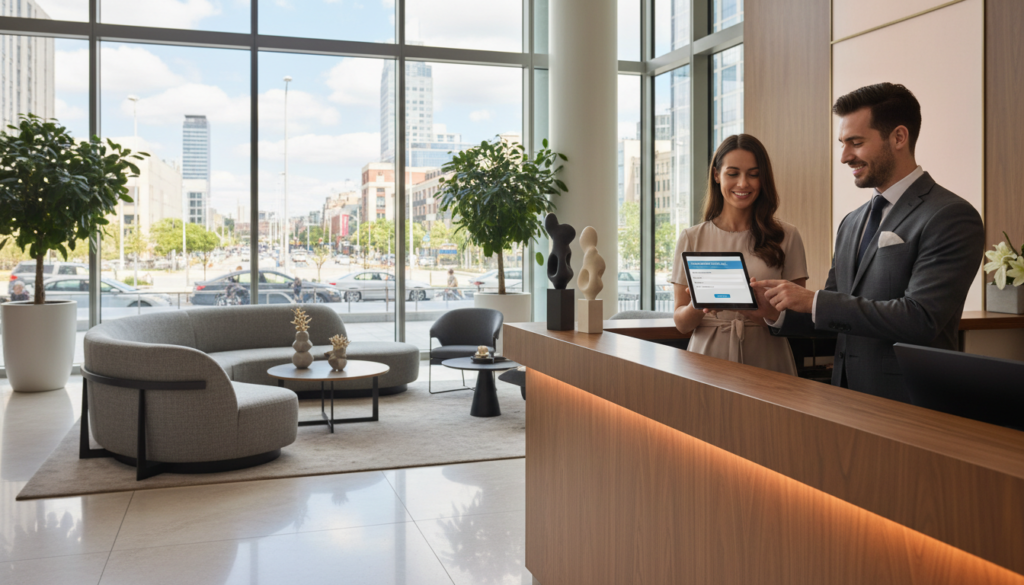 A modern hotel lobby, featuring a sleek reception desk where a professional staff member, dressed in a tailored business suit, interacts with a guest. The guest, appearing engaged and pleased, is using a tablet to provide their information, showcasing a paperless data capture process. In the foreground, the reception area is illuminated by soft, warm lighting, highlighting the polished wooden desk and elegant decor. The middle ground includes stylish seating areas with contemporary furniture and indoor plants, contributing to a welcoming atmosphere. In the background, large glass windows allow natural light to flood the space, revealing a glimpse of a bustling cityscape. The scene captures a mood of efficiency and modern hospitality, emphasizing the seamless integration of technology in guest services. Photorealistic style, medium shot angle.