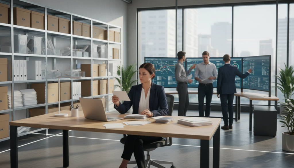 A modern mail handling office environment, bustling with efficiency. In the foreground, there is a professional businesswoman dressed in smart attire, sorting through a stack of letters and packages at an organized desk, with a laptop and office supplies nearby. In the middle, an open area shows a diverse team of professionals in business attire collaborating, using a digital tracking system on screens to manage incoming and outgoing mail. The background features shelves lined with neatly organized boxes and envelopes, with bright, natural light streaming in through large windows, creating a clean and productive atmosphere. The overall mood is one of professionalism and organization, emphasizing smooth business operations in a virtual office context. Photorealistic detailing captures the warmth and efficiency of a modern workspace.