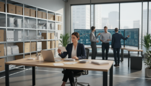 A modern mail handling office environment, bustling with efficiency. In the foreground, there is a professional businesswoman dressed in smart attire, sorting through a stack of letters and packages at an organized desk, with a laptop and office supplies nearby. In the middle, an open area shows a diverse team of professionals in business attire collaborating, using a digital tracking system on screens to manage incoming and outgoing mail. The background features shelves lined with neatly organized boxes and envelopes, with bright, natural light streaming in through large windows, creating a clean and productive atmosphere. The overall mood is one of professionalism and organization, emphasizing smooth business operations in a virtual office context. Photorealistic detailing captures the warmth and efficiency of a modern workspace.