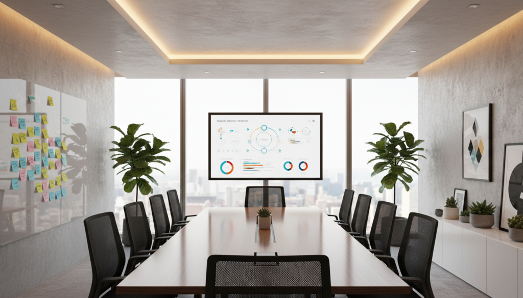 A modern meeting room designed for professional use, featuring a large, sleek conference table surrounded by ergonomic chairs. In the foreground, a glass whiteboard is mounted on the wall adorned with colorful post-it notes. The middle ground hosts a smart projector screen displaying a collaborative digital interface, while ambient LED lighting creates a warm yet focused atmosphere. Large windows in the background allow natural light to stream in, illuminating the room’s minimalist decor with plants and art pieces. The room feels inviting yet sophisticated, perfect for business discussions. The image is captured from a slightly elevated angle to showcase the spaciousness and layout, emphasizing a photorealistic quality.