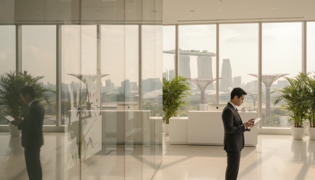 A modern office building in Singapore featuring a sleek, glass facade reflecting the city skyline. In the foreground, a well-dressed business professional examines documents, embodying themes of professionalism and efficiency. The middle layer showcases a stylishly designed reception area with a minimalist desk and vibrant greenery, promoting a welcoming atmosphere. The background captures a bustling cityscape with iconic Singapore landmarks, suggesting a sense of vibrancy and innovation. Bright, natural lighting filters in from large windows, creating a warm, inviting mood. The angle is a slight upward view, emphasizing the grandeur of the building and the dynamic environment, all rendered in photorealistic detail to attract potential buyers.