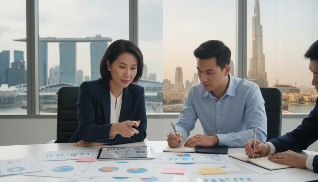 A modern office conference room showcasing a diverse team of professionals engaged in a strategic discussion about company setup. In the foreground, a middle-aged woman in a sleek blazer points to a digital tablet, while a younger man in a smart shirt takes notes, both exuding focus and collaboration. In the middle ground, a large table is strewn with charts and graphs, hinting at operational planning. The background features large windows revealing a skyline of Singapore and Dubai, symbolizing the contrasting business environments. Soft, natural lighting streams in, creating an inviting atmosphere. The image is highly detailed, capturing facial expressions of determination and teamwork, in a photorealistic style with a shallow depth of field.