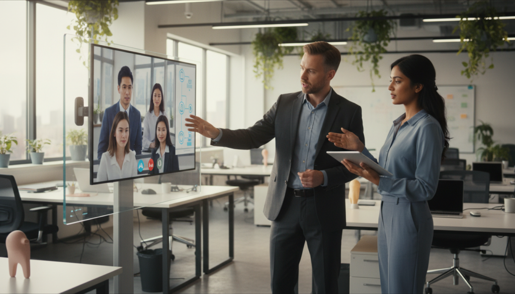 A modern office environment featuring a diverse group of professionals collaborating over digital workflow tools displayed on sleek screens and tablets. In the foreground, a South Asian woman in smart casual attire is analyzing data on a tablet, while a Caucasian man in a business suit interacts with a large touchscreen interface. In the middle, a glass partition reveals a team engaged in a video conference, emphasizing remote collaboration. The background showcases a bright, open workspace filled with greenery and natural light streaming through large windows, enhancing the atmosphere of innovation and efficiency. The lighting is warm and inviting, creating a sense of productivity and forward-thinking spirit in the air. The overall mood reflects the transformative journey towards paperless operations. Photorealistic, high-resolution details in a harmonious composition.