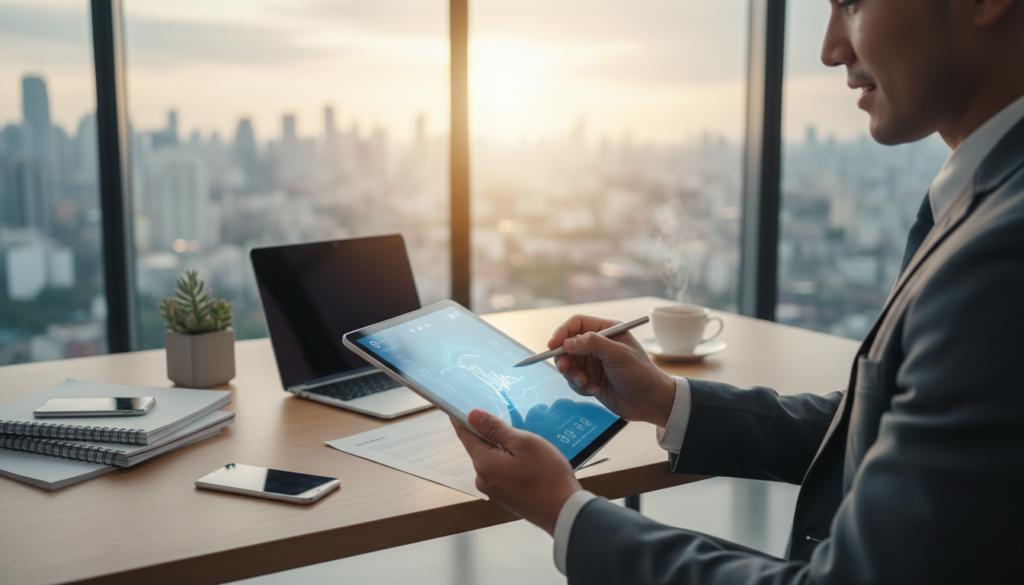 A modern office environment focused on electronic signatures. In the foreground, a sleek, high-tech tablet displays a glowing digital signature interface, while a poised business professional in formal attire is using a stylus to sign with precision. In the middle, a stylish desk cluttered with digital devices, such as a laptop and smartphone, sits beside a cup of coffee. The background features large windows with city views, bathed in soft natural light, enhancing the contemporary feel. The atmosphere is productive and efficient, conveying a sense of advancement in corporate governance. The scene captures the essence of remote approvals, ensuring everything appears photorealistic and professional.