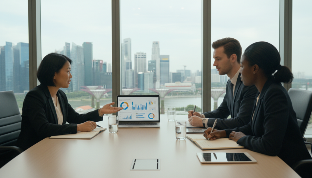 A modern office environment focused on governance and management, featuring a diverse group of three professionals in business attire engaged in a strategic discussion around a conference table. In the foreground, one professional, a middle-aged Asian woman, points at a laptop screen displaying financial graphs, while a young Caucasian man takes notes. In the background, large windows reveal a cityscape of Singapore, filled with towering skyscrapers. Soft, natural light floods the room, creating a serene yet energetic atmosphere. The camera angle is slightly elevated, providing a clear view of the interaction and the dynamic between the participants, emphasizing collaboration and decision-making. A modern office environment focused on governance and management, featuring a diverse group of three professionals in business attire engaged in a strategic discussion around a conference table. In the foreground, one professional, a middle-aged Asian woman, points at a laptop screen displaying financial graphs, while a young Caucasian man takes notes. In the background, large windows reveal a cityscape of Singapore, filled with towering skyscrapers. Soft, natural light floods the room, creating a serene yet energetic atmosphere. The camera angle is slightly elevated, providing a clear view of the interaction and the dynamic between the participants, emphasizing collaboration and decision-making.