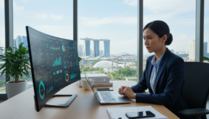 A modern office environment focused on remote compliance management, showcasing an advanced digital dashboard filled with graphs and data visualizations in vivid colors. In the foreground, a professional woman in business attire is intently monitoring the screen, her expression reflecting concentration and diligence. The middle ground features a sleek work desk with a laptop, compliance documents, and a smartphone displaying notifications. In the background, large windows reveal a bustling cityscape of Singapore, bathed in natural light, creating a bright and optimistic atmosphere. The overall mood is one of professionalism and technological advancement, emphasizing the importance of effective compliance management tools in a contemporary setting. The lens captures the scene from a slightly elevated angle for depth and clarity.