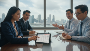 A modern office environment illuminated by soft, ambient lighting, showcasing a diverse group of professionals engaged in a discussion around a sleek conference table. The foreground features a confident woman in a tailored navy suit, pointing at a digital tablet displaying tax data. In the middle ground, a professional man in glasses takes notes while a colleague discusses the FSIE scheme with enthusiasm. The background reveals a large window with a panoramic view of Singapore's city skyline, accentuating a sense of growth and opportunity. The atmosphere is focused and collaborative, conveying the importance of understanding tax residency and exemptions in a global context. Photorealistic detail captures expressions and the professionalism of the setting.