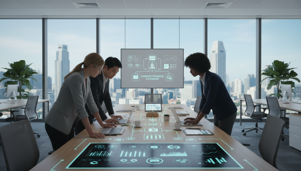 A modern office environment illustrating the concept of accounting integrations and automation for finance teams. In the foreground, a diverse group of three professionals (a Caucasian woman, an Asian man, and a Black woman) in smart business attire, collaborating over digital devices, displaying graphs and financial software on their laptops. The middle ground features a sleek conference table cluttered with paperwork, laptops, and digital tablets showing financial reports and automation tools. In the background, large windows allow natural light to flood the space, offering a view of Singapore's skyline. The atmosphere is focused and professional, conveying innovation in finance. Shot with a wide-angle lens to capture the entire scene, with soft yet bright lighting to enhance the contemporary feel.