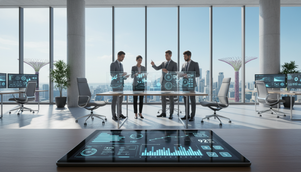 A modern office environment showcasing advanced digital tracking technologies. In the foreground, close-up of a sleek tablet displaying an interactive dashboard with graphs and metrics, symbolizing real-time data tracking. In the middle, diverse professionals in smart business attire are collaborating, discussing strategies, and analyzing data on screens. The background features large windows with a view of Singapore's skyline, emphasizing the city’s innovation. Soft, natural lighting streaming in enhances the atmosphere of productivity and forward-thinking. Use a wide-angle lens to capture the spaciousness of the office, highlighting the blend of technology and teamwork in a photorealistic style, evoking a sense of progress and efficiency in paperless operations.