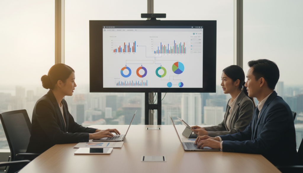 A modern office environment showcasing diverse individuals collaborating on technology tools. In the foreground, a group of three professionals—two men and one woman—are engaged in a dynamic discussion around a sleek conference table, equipped with laptops and digital tablets. They are dressed in smart business attire, emphasizing professionalism. In the middle ground, a large screen displays a virtual collaboration platform with colorful graphs and charts, illustrating effective teamwork. The background features large windows with a view of Singapore's skyline, bathed in natural light, creating an inspiring atmosphere. The lighting is soft and inviting, enhancing the sense of productivity and focus. Capture the essence of remote work collaboration with a photorealistic style, highlighting innovation and teamwork.