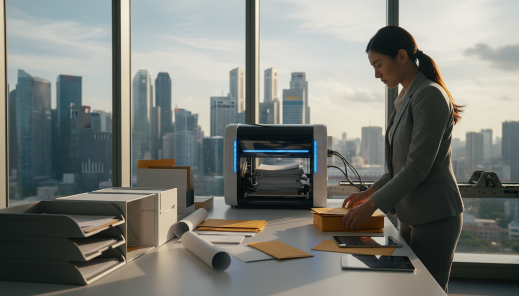 A modern office environment showcasing efficient mail handling practices. In the foreground, a professional businesswoman in smart attire is sorting through various letters and packages on a sleek desk filled with organizational tools. In the middle ground, a high-tech mail scanner is actively processing documents, with bright LED lights illuminating the scanning area. The background features a large window overlooking the Singapore skyline, allowing natural sunlight to flood the room and create a warm, inviting atmosphere. The overall mood is bustling yet organized, conveying professionalism and efficiency in mail management. The scene is captured with a slight depth of field, focusing on the mail handling process while softly blurring the background.