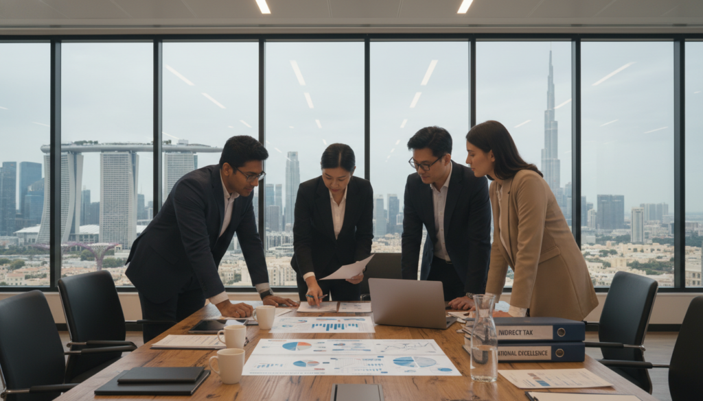 A modern office environment showcasing professionals engaged in discussions about indirect taxes and operational processes. In the foreground, a diverse group of three individuals in smart business attire—two men and one woman—are reviewing documents and pointing at charts on a digital screen. The middle layer features a sleek conference table with laptops, coffee cups, and financial reports scattered around. The background includes a bright cityscape of Singapore and Dubai visible through large windows, highlighting their unique architecture. The lighting is soft and inviting, emanating from overhead fixtures, creating a mood of collaboration and focus. A wide-angle lens perspective captures the essence of an active workspace, emphasizing the theme of international business operations.