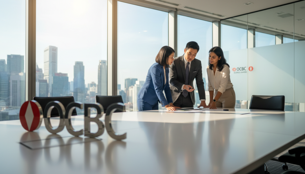 A modern office environment showcasing the OCBC logo in the foreground, depicting a professional business scene. In the center, a diverse group of three business professionals—a Malay woman in smart business attire, a Chinese man in a suit, and an Indian woman in professional casual wear—are engaged in a discussion over documents on a sleek conference table. The background features large windows with city views that reflect a sunny day, enhancing the atmosphere of professionalism and clarity. Soft, natural lighting floods the room, creating a warm yet energetic ambiance. The photo uses a shallow depth of field, focusing on the individuals and documents while softly blurring the bustling cityscape outside. The overall mood is collaborative and forward-thinking, resonating with the theme of understanding business banking requirements.
