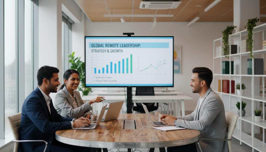A modern office environment with a focus on remote director management. In the foreground, a poised diverse group of professionals—two men and a woman—are seated around a sleek, contemporary conference table, engaged in a virtual meeting on laptops. They are dressed in smart business attire, with a bright, optimistic atmosphere conveyed by natural light streaming through large windows. In the middle ground, a large video screen displays a professional presentation with charts and graphs, showcasing remote management strategies. The background features a well-organized workspace with plants and minimalistic decor, creating a productive yet welcoming ambiance. The scene aims to evoke collaboration, innovation, and the modernity of remote work, captured in a photorealistic style with a slight depth of field to emphasize the individuals in the foreground.