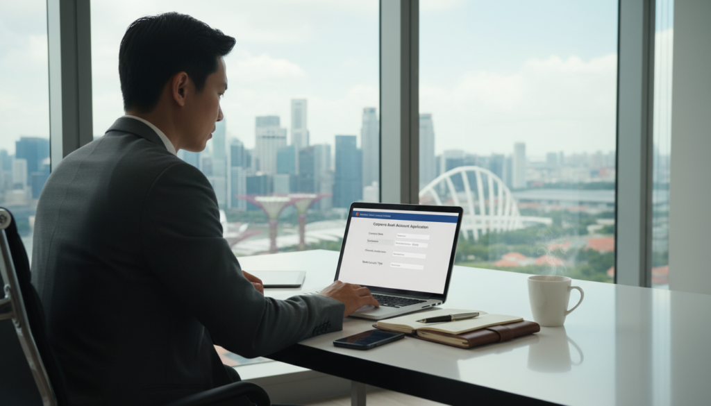 A modern office scene featuring a professional workspace where a person is submitting an online application for a corporate bank account. In the foreground, a focused individual dressed in smart business attire is seated at a sleek desk, engaging with a laptop displaying a digital application form. The middle ground includes accessories like a notepad, a pen, and a coffee cup, emphasizing productivity. The background shows a well-lit office with soft natural light filtering through large windows, highlighting a city skyline of Singapore. The overall atmosphere is professional and efficient, with a sense of clarity and purpose. The image is photorealistic, capturing intricate details of the workspace and the applicant's focused expression.