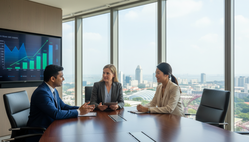 A modern office setting depicting a private limited company in Singapore. In the foreground, a diverse group of three professionals – a South Asian man, a Caucasian woman, and a Chinese woman – are engaged in discussion around a sleek conference table, all dressed in smart business attire. The middle ground features a large window overlooking Singapore’s skyline with iconic skyscrapers, creating a sense of ambition and growth. The background includes a digital display screen showing business graphs and data, emphasizing professionalism. The lighting is bright and natural, with soft shadows to create depth. The mood is dynamic and collaborative, showcasing the energy of a successful business environment.