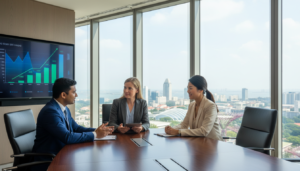 A modern office setting depicting a private limited company in Singapore. In the foreground, a diverse group of three professionals – a South Asian man, a Caucasian woman, and a Chinese woman – are engaged in discussion around a sleek conference table, all dressed in smart business attire. The middle ground features a large window overlooking Singapore’s skyline with iconic skyscrapers, creating a sense of ambition and growth. The background includes a digital display screen showing business graphs and data, emphasizing professionalism. The lighting is bright and natural, with soft shadows to create depth. The mood is dynamic and collaborative, showcasing the energy of a successful business environment.