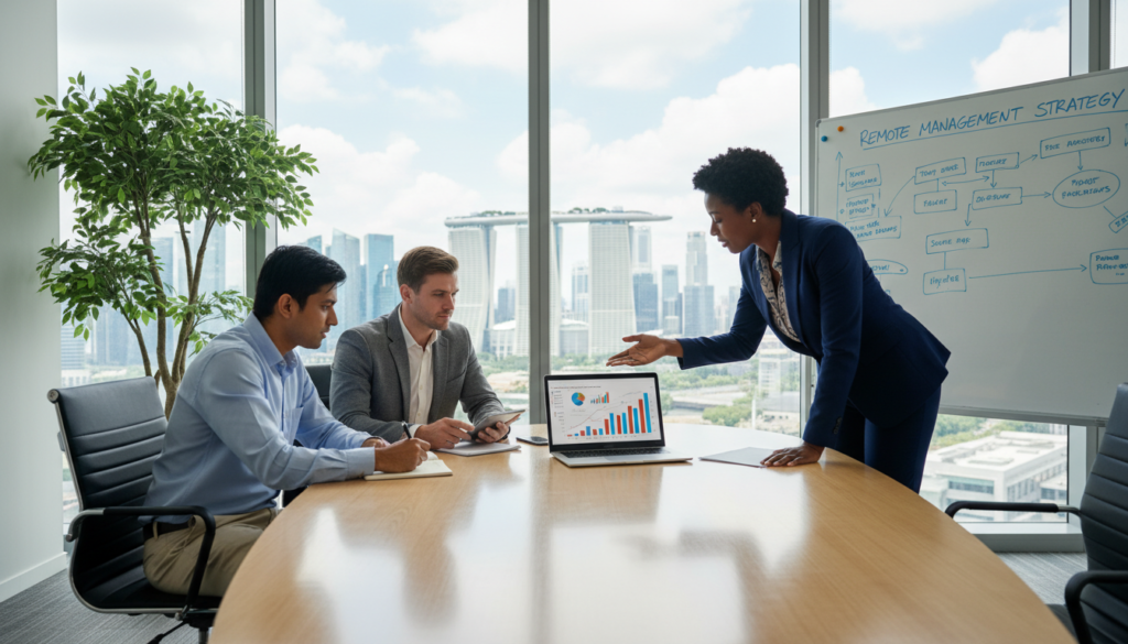 A modern office setting featuring a diverse group of three professionals engaged in a strategic discussion around a sleek conference table. In the foreground, a woman in a smart business suit points at a laptop displaying charts and graphs, while a man in business casual attire takes notes. The middle ground showcases a large window with natural light streaming in, revealing a skyline view of Singapore. The background includes plants and a modern whiteboard filled with notes. The atmosphere is collaborative and focused, conveying an air of professionalism and innovation. Soft lighting enhances the photorealistic details, with a wide-angle lens perspective to capture the dynamic environment of remote management in a private limited company. A modern office setting featuring a diverse group of three professionals engaged in a strategic discussion around a sleek conference table. In the foreground, a woman in a smart business suit points at a laptop displaying charts and graphs, while a man in business casual attire takes notes. The middle ground showcases a large window with natural light streaming in, revealing a skyline view of Singapore. The background includes plants and a modern whiteboard filled with notes. The atmosphere is collaborative and focused, conveying an air of professionalism and innovation. Soft lighting enhances the photorealistic details, with a wide-angle lens perspective to capture the dynamic environment of remote management in a private limited company.
