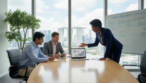 A modern office setting featuring a diverse group of three professionals engaged in a strategic discussion around a sleek conference table. In the foreground, a woman in a smart business suit points at a laptop displaying charts and graphs, while a man in business casual attire takes notes. The middle ground showcases a large window with natural light streaming in, revealing a skyline view of Singapore. The background includes plants and a modern whiteboard filled with notes. The atmosphere is collaborative and focused, conveying an air of professionalism and innovation. Soft lighting enhances the photorealistic details, with a wide-angle lens perspective to capture the dynamic environment of remote management in a private limited company.