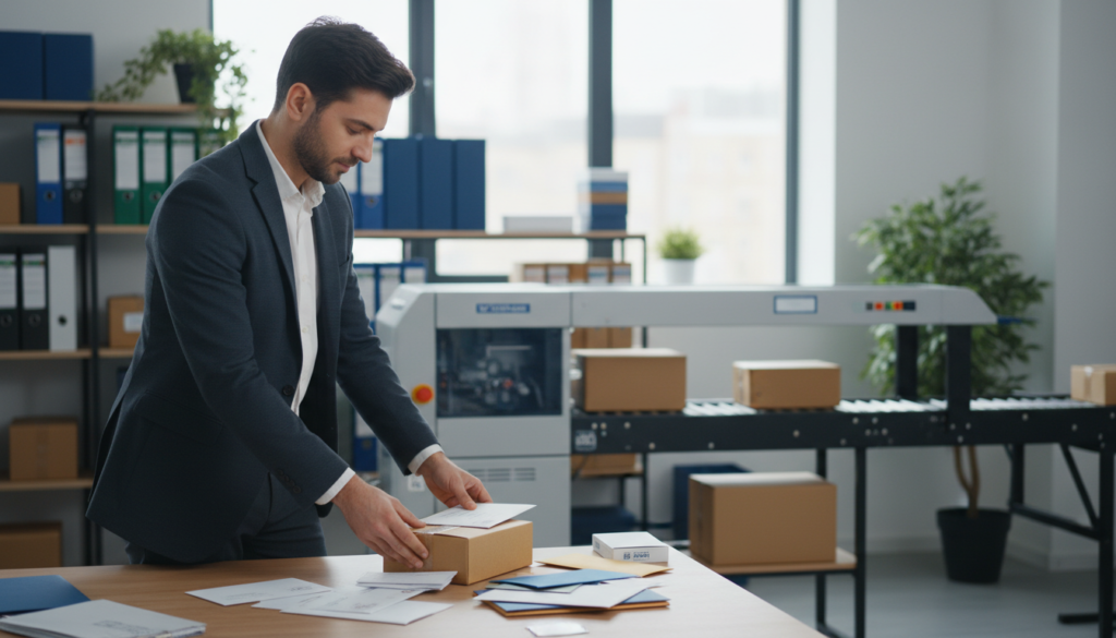 A modern office setting focused on mail handling and parcel workflows. In the foreground, a well-dressed professional in business attire organizes a stack of colorful envelopes and packages on a sleek wooden desk, showcasing a sense of efficiency. In the middle ground, a high-tech mail sorting machine processes items, with small parcels and letters moving in and out seamlessly. The background features a large window with soft natural light pouring in, illuminating the space with a warm, welcoming atmosphere. Incorporate a blurred bookshelf filled with organizational tools and office supplies, enhancing the productivity vibe. The composition should be sharp and clear, captured with a focus on the professional's focused expression and the activity around them, creating an engaging and dynamic scene.