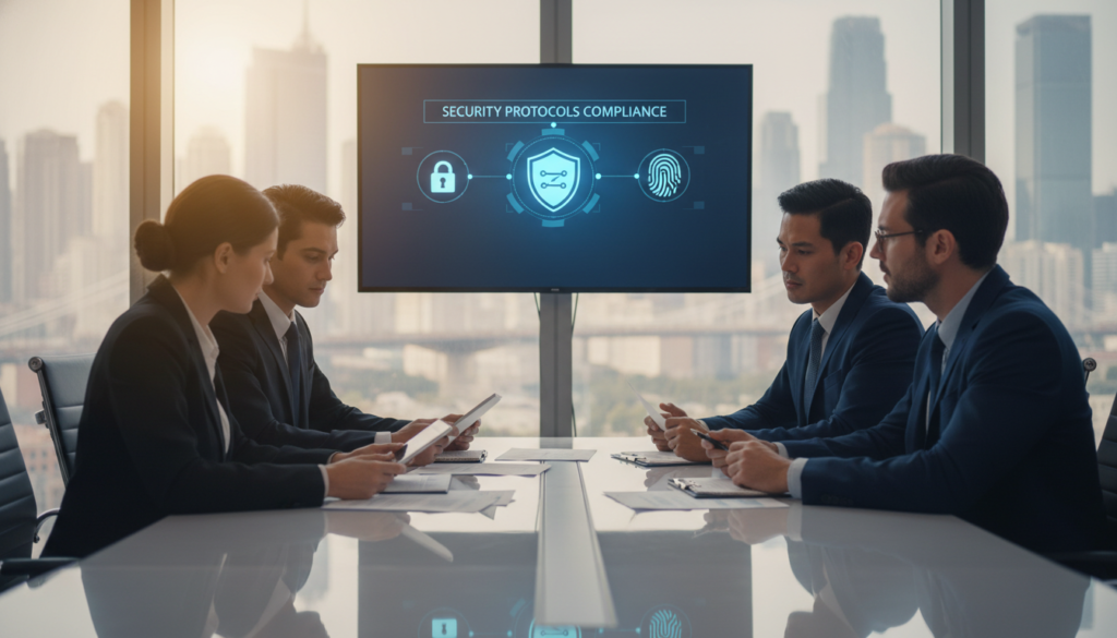 A modern office setting focused on security procedures compliance. In the foreground, a diverse group of professionals, including a woman in a black blazer and a man in a navy suit, reviewing documents on a sleek conference table. The middle ground features a large screen displaying a digital security compliance checklist, with icons representing various security measures such as locks, firewalls, and biometric scans. In the background, large windows reveal a cityscape, filtered natural light casting a warm glow throughout the room. The atmosphere conveys professionalism and diligence, emphasizing the importance of enforceable security protocols in a business environment. A slight depth of field effect blurs the distant skyline, bringing focus to the active discussion among the team.