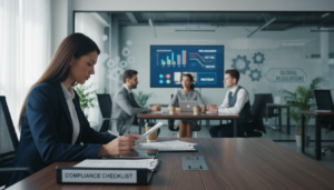 A modern office setting focusing on regulatory compliance management. In the foreground, a professional woman in business attire examines documents and compliance reports at a sleek desk, illuminated by soft, natural lighting. The middle ground features a diverse team of professionals engaged in a video conference on a large screen displaying compliance metrics and charts. In the background, glass walls showcase a contemporary workspace adorned with plants and compliance-related graphics. The atmosphere is serious yet motivational, highlighting teamwork and professionalism. The image should be photorealistic, with a shallow depth of field emphasizing the foreground details while the background remains slightly blurred, creating a sense of focus on compliance evaluation.