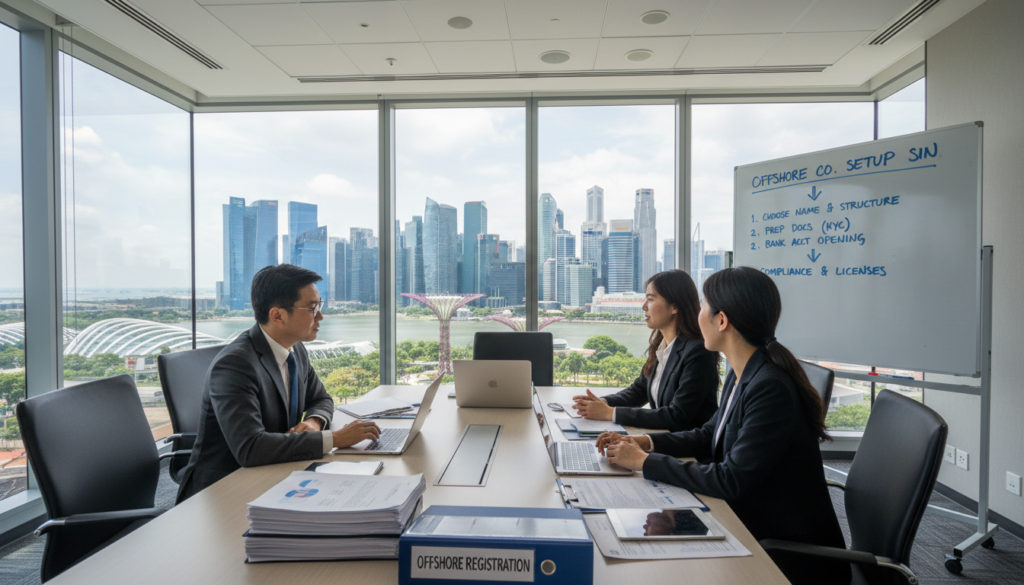 A modern office setting in Singapore, emphasizing a professional atmosphere for setting up an offshore company. In the foreground, a diverse group of three business professionals, a man in a tailored suit and two women in business attire, are engaged in discussion around a sleek conference table filled with laptops and documents. In the middle ground, large windows reveal a vibrant skyline of Singapore, showcasing its iconic skyscrapers under bright daylight. The background features a whiteboard filled with diagrams and steps to establish a company, symbolizing a step-by-step guide. The lighting is bright and welcoming, reminiscent of a productive workspace with soft shadows, captured with a wide-angle lens to convey a sense of depth. The overall mood is focused, collaborative, and motivational, ideal for illustrating the concept of offshore company setup in Singapore.