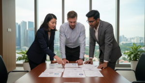 A modern office setting in Singapore, showcasing a corporate meeting room filled with several professionals dressed in business attire. The foreground features a sleek wooden table with documents outlining KYC requirements, such as identification forms, business licenses, and banking statements, neatly arranged. The middle layer displays a group of diverse employees—an Asian woman, a Caucasian man, and a South Asian man—engaged in discussion, pointing at the documents, reflecting a collaborative atmosphere. The background reveals large glass windows with views of Singapore's skyline, filled with skyscrapers under soft, natural lighting, creating a professional yet approachable mood. The overall image is photorealistic, showcasing the importance of KYC in a corporate environment.