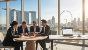 A modern office setting in Singapore, showcasing a professional environment for registering a company. In the foreground, a diverse group of business professionals, men and women in business attire, are engaged in a discussion over documents and digital devices, emphasizing collaboration. The middle ground features a sleek desk with a laptop displaying an ACRA BizFile+ registration form, alongside official papers and a pen, symbolizing the registration process. The background reveals a panoramic view of Singapore's skyline through large glass windows, with iconic buildings like Marina Bay Sands and the Singapore Flyer visible. Bright, natural light pours in, creating a warm and inviting atmosphere, with a focus on professionalism and clarity, evoking a sense of excitement about starting a business in Singapore.