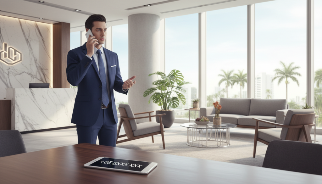 A modern office setting showcasing a sleek desk with a stylish smartphone displaying a local phone number prominently on the screen. In the foreground, a sophisticated business professional in smart attire is engaged in a phone call, conveying a sense of efficient communication. In the middle ground, a tasteful reception area can be seen with decorative plants and contemporary office furniture, suggesting a welcoming environment. The background features large windows allowing natural light to flood the space, enhancing the professional atmosphere. The lighting is bright yet soft, creating an inviting mood. The overall feel is polished and modern, reflecting the concept of professional virtual office services in Singapore, without any text or distractions. A modern office setting showcasing a sleek desk with a stylish smartphone displaying a local phone number prominently on the screen. In the foreground, a sophisticated business professional in smart attire is engaged in a phone call, conveying a sense of efficient communication. In the middle ground, a tasteful reception area can be seen with decorative plants and contemporary office furniture, suggesting a welcoming environment. The background features large windows allowing natural light to flood the space, enhancing the professional atmosphere. The lighting is bright yet soft, creating an inviting mood. The overall feel is polished and modern, reflecting the concept of professional virtual office services in Singapore, without any text or distractions.