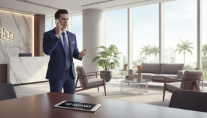 A modern office setting showcasing a sleek desk with a stylish smartphone displaying a local phone number prominently on the screen. In the foreground, a sophisticated business professional in smart attire is engaged in a phone call, conveying a sense of efficient communication. In the middle ground, a tasteful reception area can be seen with decorative plants and contemporary office furniture, suggesting a welcoming environment. The background features large windows allowing natural light to flood the space, enhancing the professional atmosphere. The lighting is bright yet soft, creating an inviting mood. The overall feel is polished and modern, reflecting the concept of professional virtual office services in Singapore, without any text or distractions.