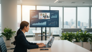 A modern office setting that embodies business development in a remote management context, showcasing a group of diverse professionals engaged in a virtual meeting. In the foreground, a confident woman in a tailored business suit is sitting at a sleek desk, attentively interacting with a laptop displaying a video conference. The middle ground features a large screen displaying data analytics and graphs, indicating market trends. The background reveals a bright, spacious office with plants and modern décor, conveying a productive atmosphere. Use soft, natural lighting to create a welcoming ambiance, and capture the scene from a slightly elevated angle to emphasize collaboration. The mood should feel dynamic, professional, and inspiring, reflecting the essence of remote director management in Singapore’s business landscape.