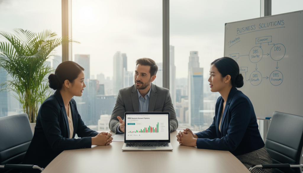 A modern office setting with a diverse group of three professionals discussing options at a sleek table, each individual dressed in smart business attire. In the foreground, a laptop is open displaying financial graphs and business account options. The middle ground features a large window with natural light flooding in, illuminating the space, showcasing a cityscape of Singapore, including iconic skyscrapers. The background includes potted plants and a whiteboard with diagrams that represent various DBS business account choices. The atmosphere is focused and collaborative, conveying a sense of professionalism and clarity. The scene should be captured with a shallow depth of field and soft lighting, enhancing the photorealistic quality of the image. A modern office setting with a diverse group of three professionals discussing options at a sleek table, each individual dressed in smart business attire. In the foreground, a laptop is open displaying financial graphs and business account options. The middle ground features a large window with natural light flooding in, illuminating the space, showcasing a cityscape of Singapore, including iconic skyscrapers. The background includes potted plants and a whiteboard with diagrams that represent various DBS business account choices. The atmosphere is focused and collaborative, conveying a sense of professionalism and clarity. The scene should be captured with a shallow depth of field and soft lighting, enhancing the photorealistic quality of the image.