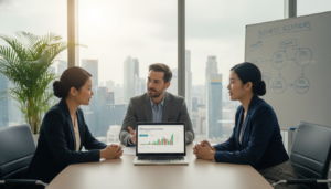 A modern office setting with a diverse group of three professionals discussing options at a sleek table, each individual dressed in smart business attire. In the foreground, a laptop is open displaying financial graphs and business account options. The middle ground features a large window with natural light flooding in, illuminating the space, showcasing a cityscape of Singapore, including iconic skyscrapers. The background includes potted plants and a whiteboard with diagrams that represent various DBS business account choices. The atmosphere is focused and collaborative, conveying a sense of professionalism and clarity. The scene should be captured with a shallow depth of field and soft lighting, enhancing the photorealistic quality of the image.