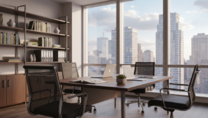 A modern office space conveying the concept of a fixed place of business, featuring large windows that allow natural light to flood the room, illuminating an organized, stylish workspace. In the foreground, a polished wooden desk is adorned with a laptop, a few neatly stacked documents, and a small potted plant. In the middle, ergonomic office chairs surround the desk, and a sleek shelving unit lined with books and office supplies forms the backdrop. The background showcases a city skyline view through the windows, hinting at the urban location. The lighting is warm and inviting, enhancing the professional atmosphere. The overall mood is focused and productive, perfectly encapsulating a permanent establishment in a corporate environment.