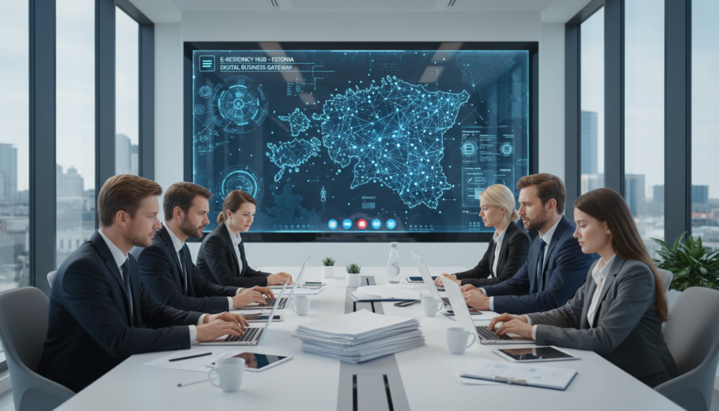 A modern office space designed for e-residency registration in Estonia. In the foreground, a diverse group of professionals in business attire is engaged in a video call on laptops, discussing the OÜ registration process. Overlayed on a large screen behind them is a digital map of Estonia highlighting its tech-driven business environment. In the middle ground, sleek furniture and a large table crowded with documents and tablets convey an atmosphere of productivity. The background features large windows offering a view of an urban skyline under bright, natural lighting. The overall mood is collaborative and innovative, emphasizing the seamless and efficient nature of online business formation in Estonia. The image should be photorealistic, capturing the intricate details of the workspace and the technology used. A modern office space designed for e-residency registration in Estonia. In the foreground, a diverse group of professionals in business attire is engaged in a video call on laptops, discussing the OÜ registration process. Overlayed on a large screen behind them is a digital map of Estonia highlighting its tech-driven business environment. In the middle ground, sleek furniture and a large table crowded with documents and tablets convey an atmosphere of productivity. The background features large windows offering a view of an urban skyline under bright, natural lighting. The overall mood is collaborative and innovative, emphasizing the seamless and efficient nature of online business formation in Estonia. The image should be photorealistic, capturing the intricate details of the workspace and the technology used.