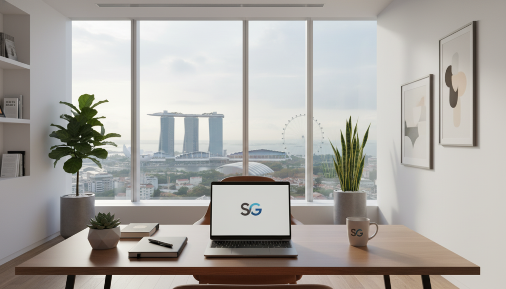 A modern office space representing a registered office address in Singapore. In the foreground, a sleek wooden desk with a stylish laptop, stationery, and a small potted plant, conveying professionalism. The middle ground features a large window with a view of the Singapore skyline, showcasing iconic buildings under soft, natural daylight. The background includes clean, minimalist office decor with subtle artworks and indoor plants, creating a welcoming atmosphere. The lighting is bright yet warm, suggesting a productive work environment. Capture the essence of credibility and confidentiality in this photorealistic scene, with no people present, ensuring the focus remains on the office setting.