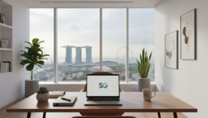 A modern office space representing a registered office address in Singapore. In the foreground, a sleek wooden desk with a stylish laptop, stationery, and a small potted plant, conveying professionalism. The middle ground features a large window with a view of the Singapore skyline, showcasing iconic buildings under soft, natural daylight. The background includes clean, minimalist office decor with subtle artworks and indoor plants, creating a welcoming atmosphere. The lighting is bright yet warm, suggesting a productive work environment. Capture the essence of credibility and confidentiality in this photorealistic scene, with no people present, ensuring the focus remains on the office setting.