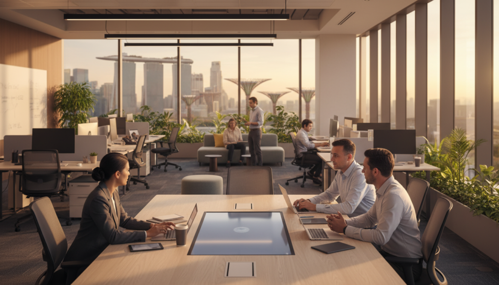 A modern office space showcasing hybrid work in Singapore. In the foreground, a diverse group of three professionals, a woman in a sleek business suit and two men in smart-casual attire, are engaged in a discussion around a conference table adorned with laptops and digital devices. The middle ground features a spacious workspace with a blend of traditional desks and collaborative zones, emphasizing a balance between remote and in-office work. Large windows bath the scene in natural light, highlighting greenery from balcony plants. In the background, the skyline of Singapore can be seen, with iconic buildings. The atmosphere is dynamic and collaborative, reflecting innovation and adaptability. The image should be photorealistic, with a warm color palette and soft focus on the background to draw attention to the professionals.