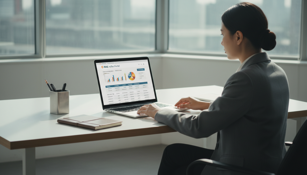 A modern office space with a sleek, minimalist desk featuring a laptop open to the IRAS myTax Portal interface, displaying vibrant graphs and figures relevant to GST filings. In the foreground, a professional-looking person in smart business attire is focused on the screen, their expression showing concentration and determination. The middle of the image showcases the workspace adorned with a few essential desktop items like a stylish pen holder and a notepad. The background reveals a large window letting in natural light, casting soft shadows and contributing to a bright, productive atmosphere. The overall mood is one of professionalism and efficiency, capturing the essence of the GST filing process in a corporate environment. Photorealistic details emphasize the quality and clarity of the scene.
