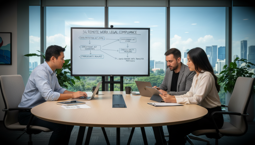 A modern office workspace illustrating legal compliance for remote work in Singapore. In the foreground, a diverse group of three professionals—two men and one woman—are gathered around a sleek conference table, reviewing compliance documents on laptops and tablets. They are dressed in smart casual attire, conveying a professional yet relaxed atmosphere. In the middle ground, a large whiteboard displays key compliance guidelines and flowcharts related to remote work regulations. The background shows a stylish office space with large windows letting in natural light, creating a bright and motivating environment. Soft shadows enhance depth, and a slight vignette focuses attention on the professionals. The overall mood is collaborative and focused, reflecting a commitment to legal compliance in an effective remote work structure.
