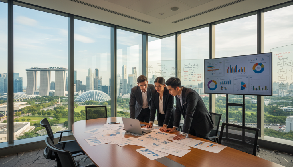A modern office workspace in Singapore, illustrating the concept of online business setup. In the foreground, a diverse group of three professionals—two men and one woman—dressed in smart business attire, are engaged in a discussion over a laptop and papers scattered on a sleek table. The middle ground features a contemporary office design with large windows showing a view of Singapore's skyline, filled with modern buildings and greenery. In the background, a whiteboard with diagrams and a digital screen displaying business charts adds to the atmosphere of collaboration and productivity. The lighting is bright and inviting, with natural light pouring in, creating a positive and dynamic mood. The composition is sharp and clear, taken from a slightly elevated angle to capture the entire scene effectively.