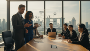 A modern, photorealistic depiction of a diverse group of business professionals in a sleek, contemporary office setting in Singapore. In the foreground, a confident foreign male and female founder are engaged in a strategic discussion, pointing at a digital display outlining a company structure with ownership, shareholders, and control hierarchies. The middle ground features a table with documents and a laptop, symbolizing business planning. In the background, the skyline of Singapore is visible through large glass windows, bathed in warm afternoon light, creating an atmosphere of innovation and collaboration. The professionals are dressed in smart business attire, conveying professionalism and focus on the topic of company structure in a foreign founder context. The composition should maintain a balanced perspective, inviting viewers into the scene without any distractions or text.